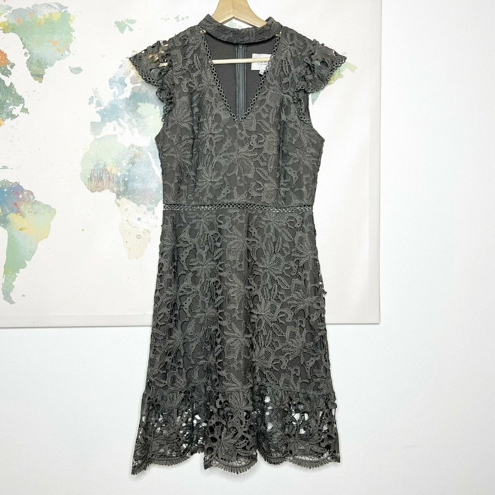 JOA Just One Answer Size Small Dress Gray Lace Overlay Choker Neck Cap Slv NWT